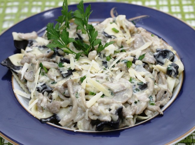 Farfalle com Tinta de Lula ao Molho de Cogumelos